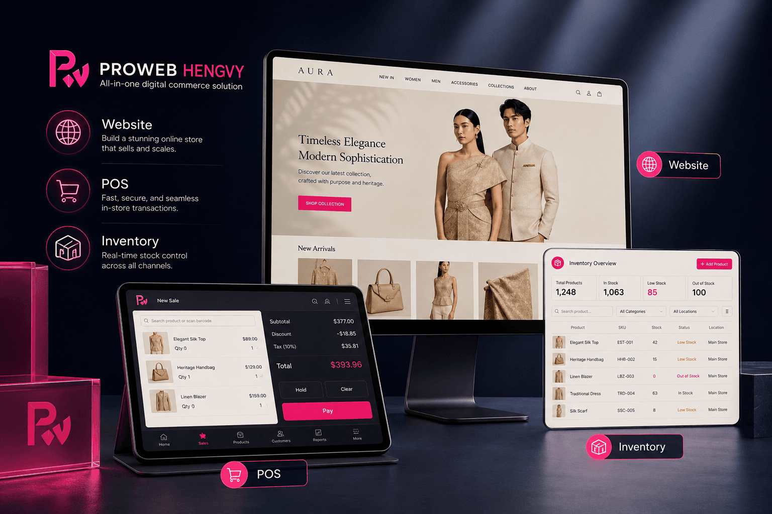 AURA fashion storefront shown on desktop and mobile screens